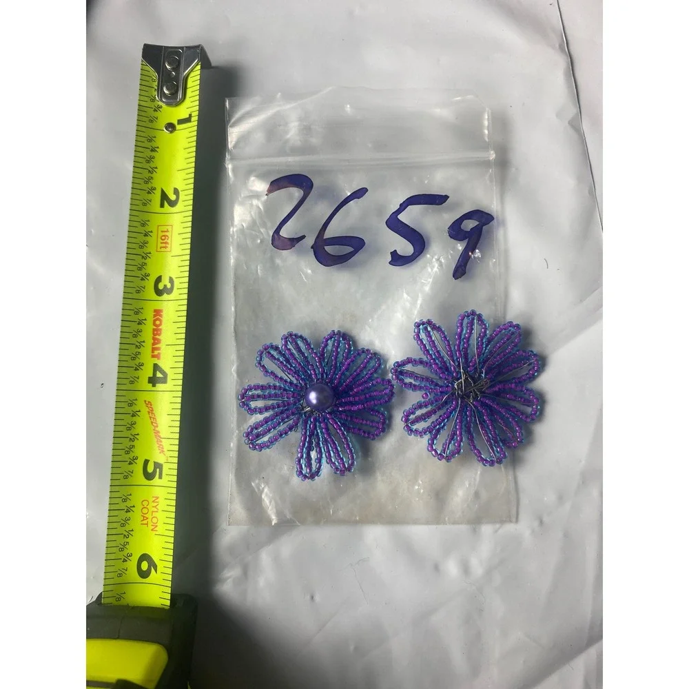 Vintage Style Purple Blue Seed Bead Flower Stud Earrings Faux Pearl Center Boho